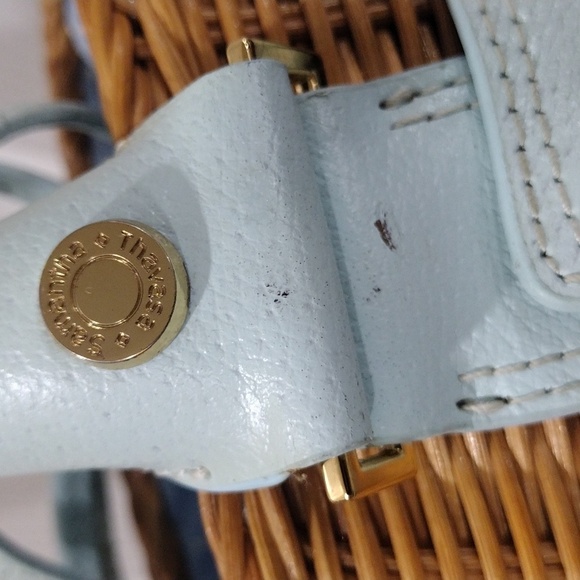 Samantha Thavasa Yellow Straw and Blue Leather Rattan Bag, Drawstring Handbag - Picture 8 of 14